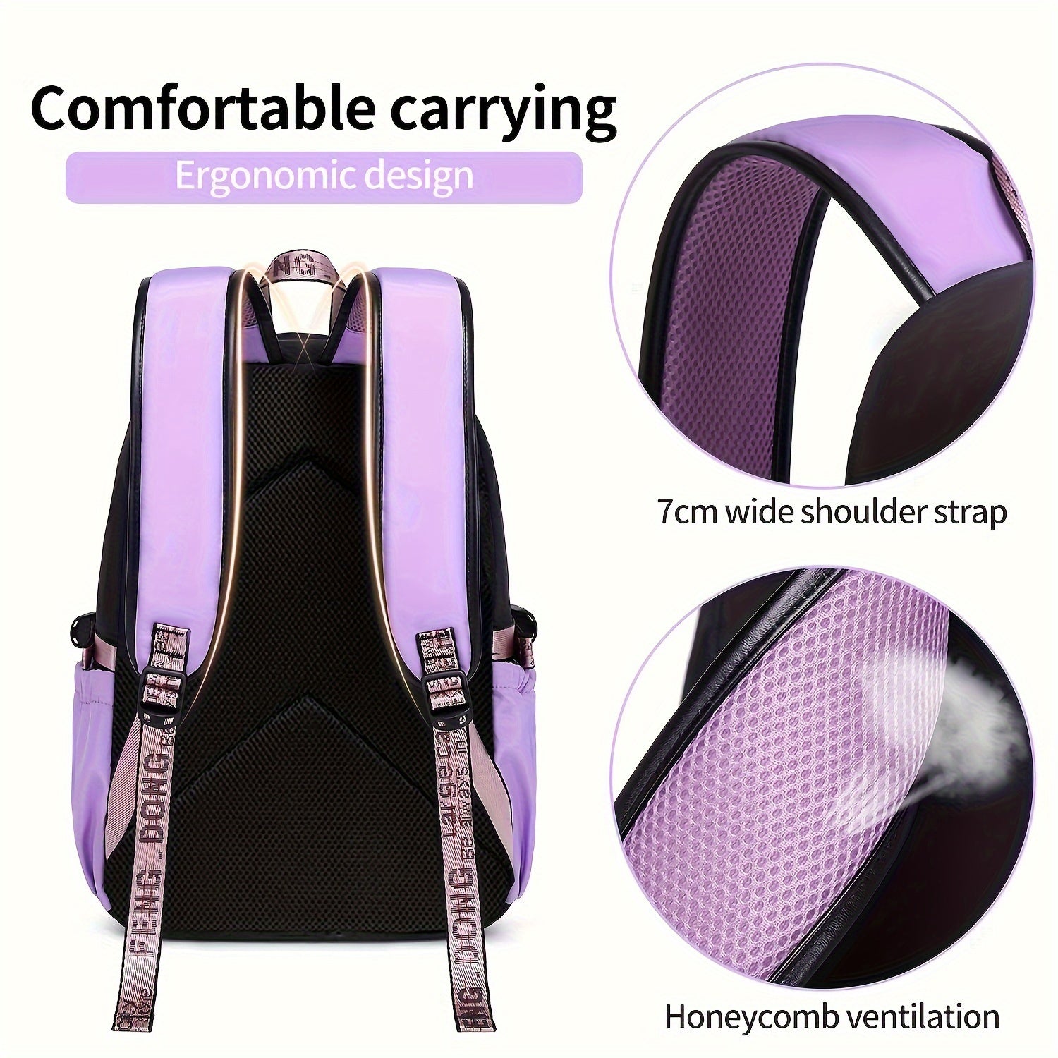 1pc Girl School Backpack With Two Small Plush Ball, Fashionable Contrast Color Bag With Letter Pattern Strap, Casual Backpack, Laptop Notebook Bag, With Breathable Shoulder Strap