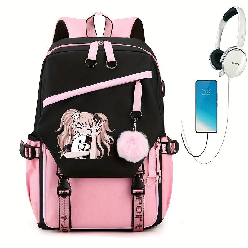 1pc Cute Cartoon Girl Backpack, Large-capacity Travel Bag, Simple Balck Backpack Fashion Contrast Color Rucksack, College School Bag For Teens Girl Women