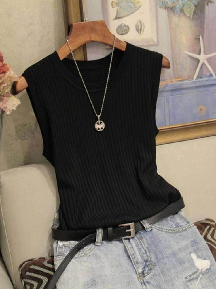AOSSVIAO Korea Knitted Vests Women Top Summer Sleeveless Blouse Women O-neck Knitted Blouse Shirt Women Clothes Women Tops