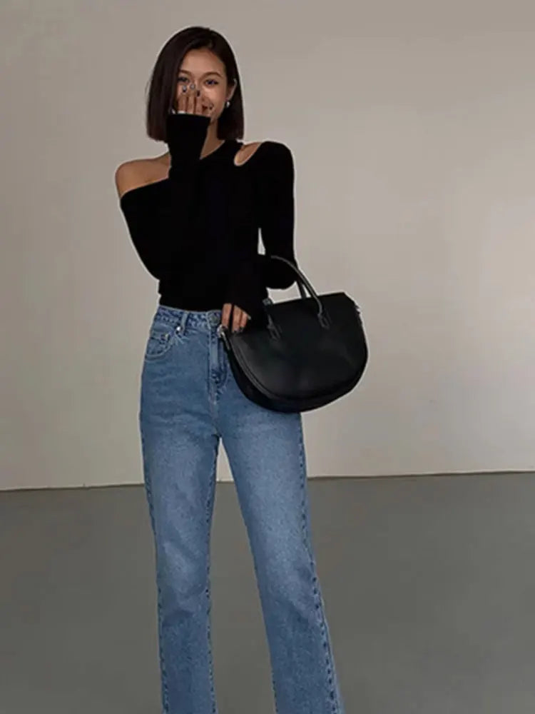 EdgeMuse Skew Collar Top – Off-Shoulder Hollow Crop Tee  Asymmetrical style. Sleek fit. Effortless allure.