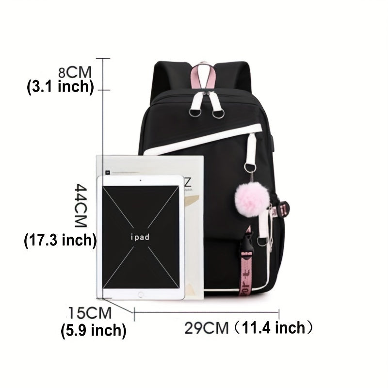 1pc Cute Cartoon Girl Backpack, Large-capacity Travel Bag, Simple Balck Backpack Fashion Contrast Color Rucksack, College School Bag For Teens Girl Women