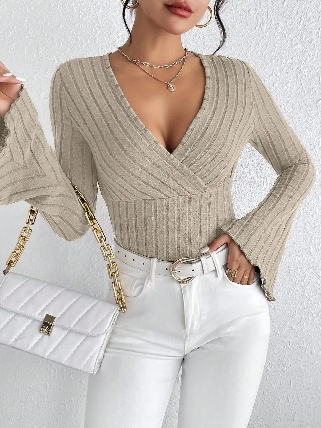 StripeMuse Knit Top – V-Neck Slim Fit Long Sleeve  Soft texture. Flattering fit. Effortless elegance.