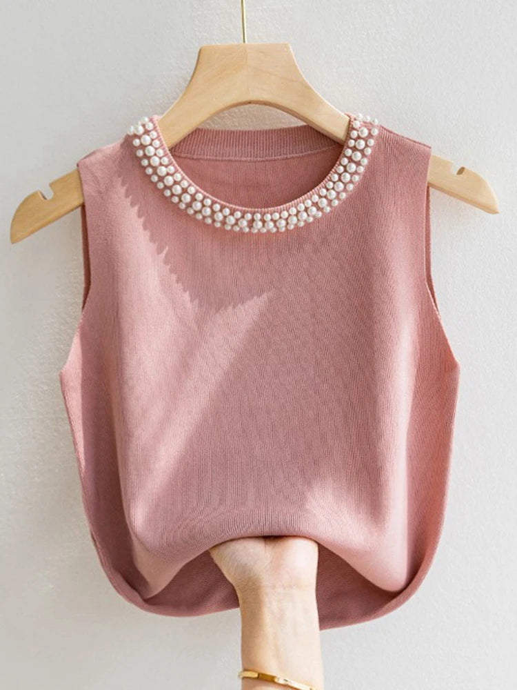 KnitLuxe Beaded Vest – Korean Sleeveless Summer Top  Minimal elegance. Soft texture. Effortless style.