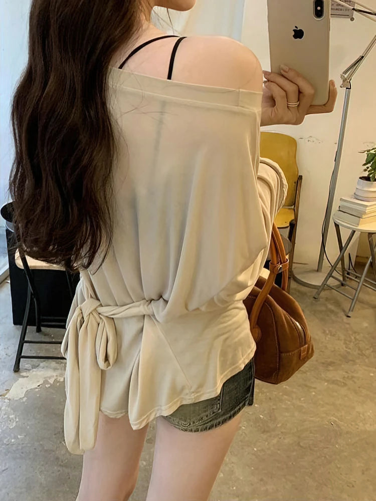 SheerMuse Oversized Tee – Off-Shoulder Mesh Top  Light layers. Soft edge. Effortless chic.
