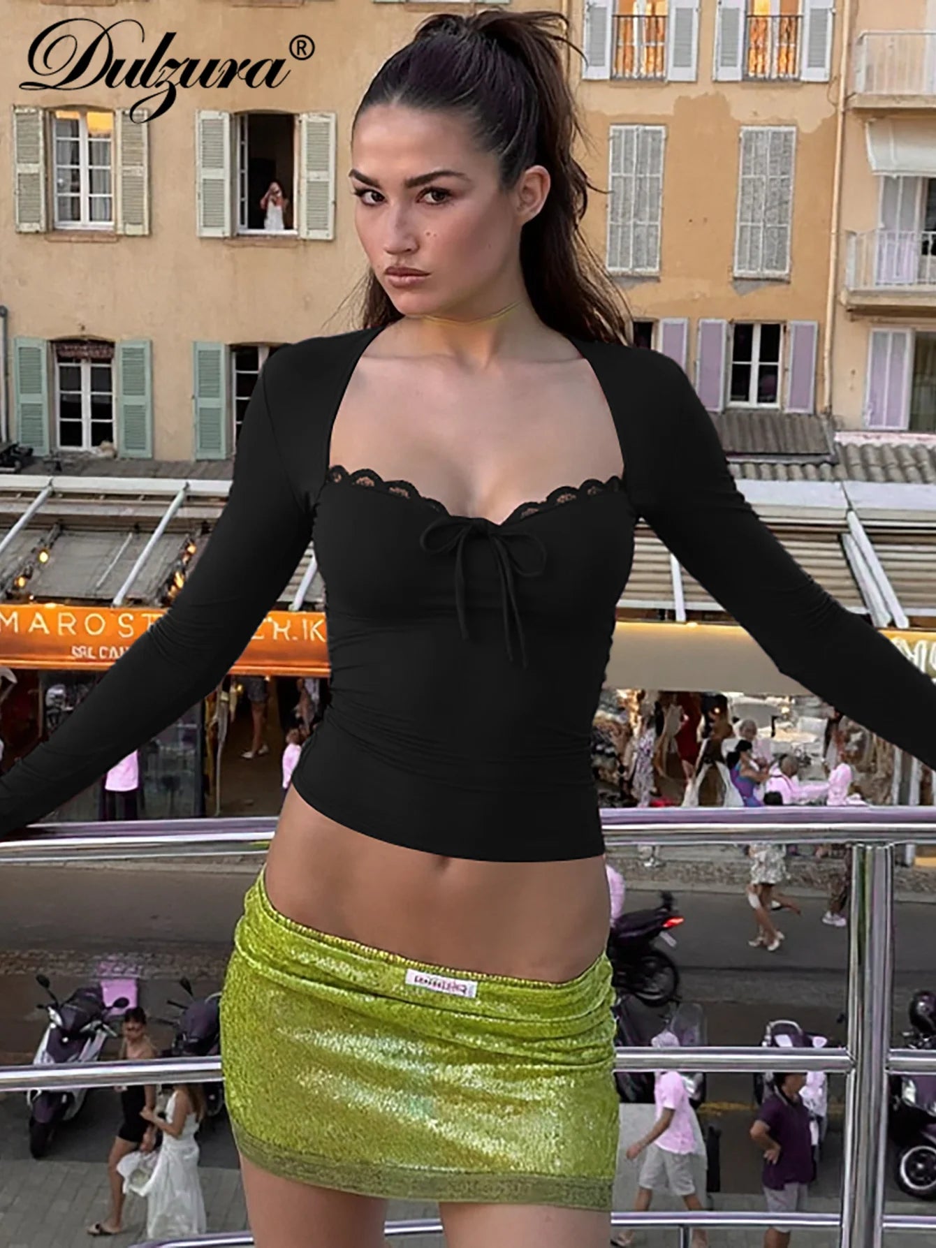 LaceMuse Square Neck Top – Ruffle Lace-Up Slim Fit  Romantic details. Sculpted fit. Effortless allure.