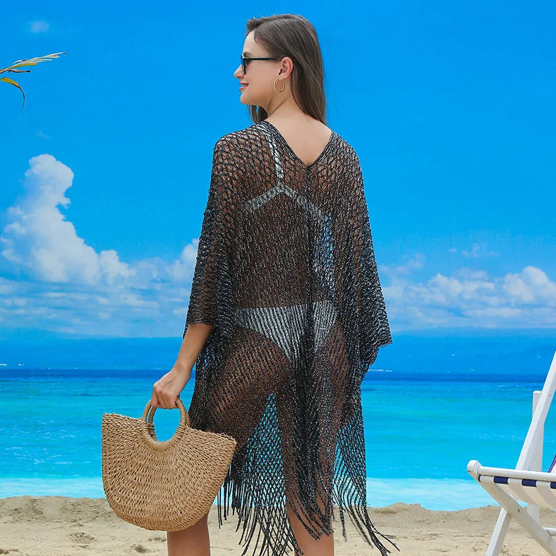 One Size   Vacation Bikini Cover up Hollow Shawl Beach Cover Pullover Fringe Beach Clothes