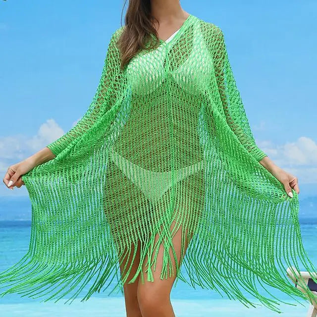 One Size   Vacation Bikini Cover up Hollow Shawl Beach Cover Pullover Fringe Beach Clothes