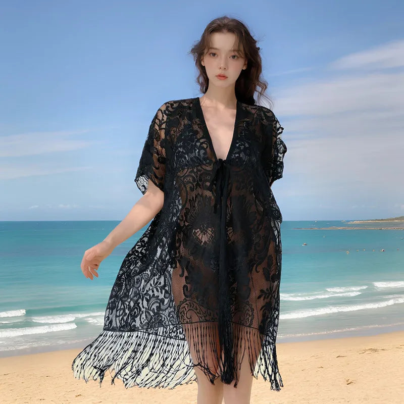 Seaside Resort Style Bikini V-neck Cardigan Beachwear A-line Breathable Sheer Dress Tassel Seaside Women's Lace Cover up Dresses