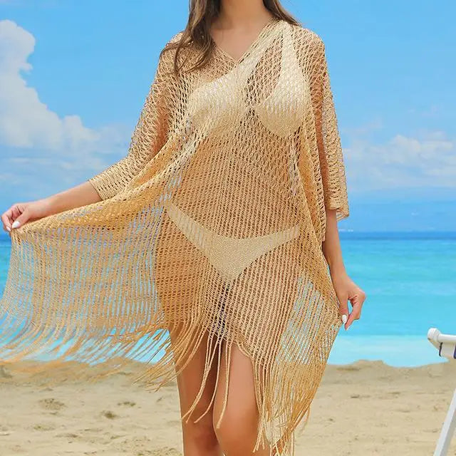 One Size   Vacation Bikini Cover up Hollow Shawl Beach Cover Pullover Fringe Beach Clothes