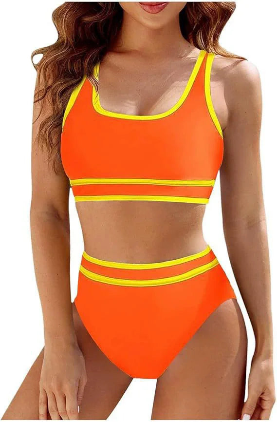 Women's Sporty High Waisted Bikini Sets Color Block Cheeky High Cut Bathing Suits S-XL Halter Striped Two Piece Swimsuits