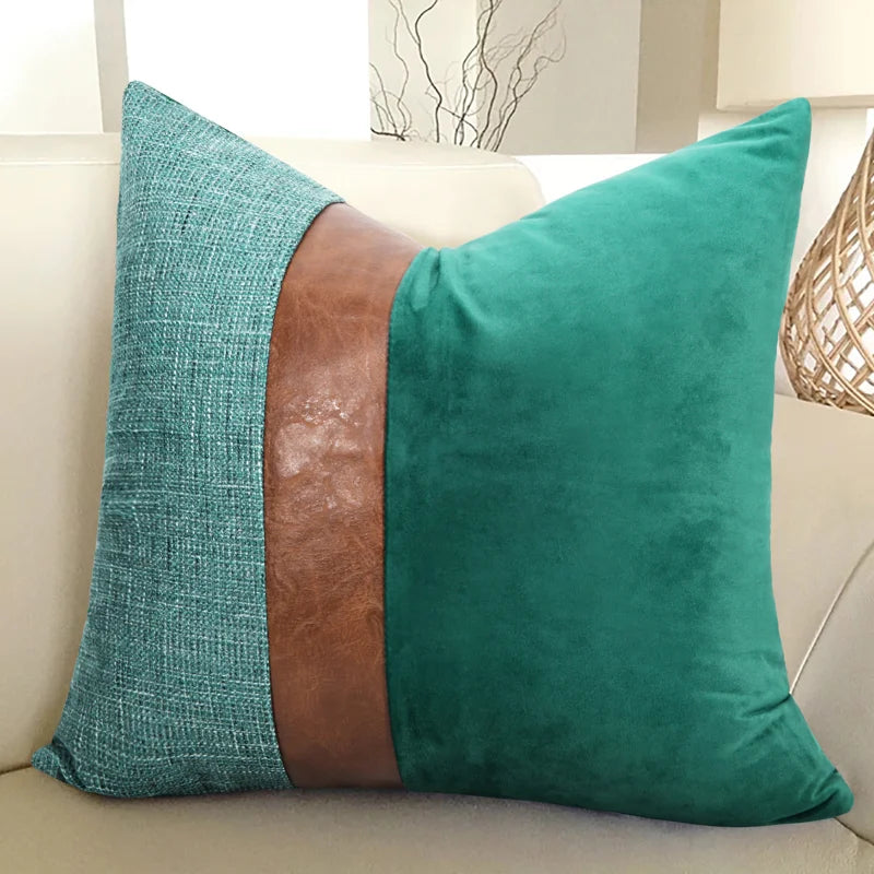 Cotton Linen Velvet Patchwork Faux Leather Pillow Cover Modern Farmhouse Decor Accent Cushion Case Decorative Throw Pillowcase