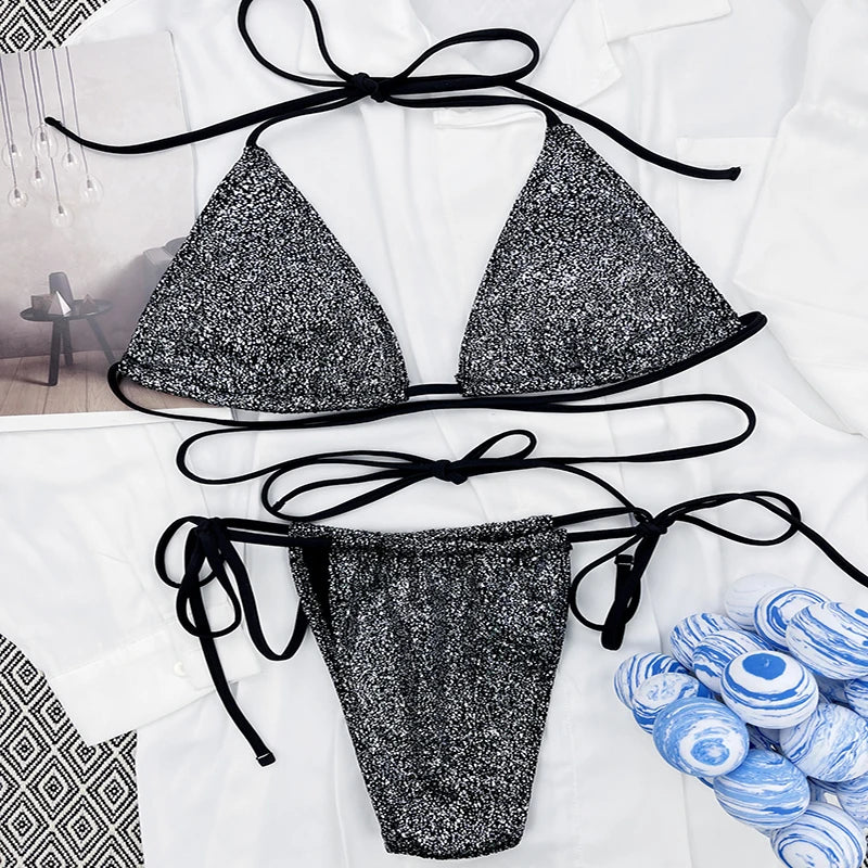 PASUXI Factory Wholesale Glitter Bikini Women Sexy Swimwear Swimsuit Bandage Bathing Suit Set Hot Beach Wear