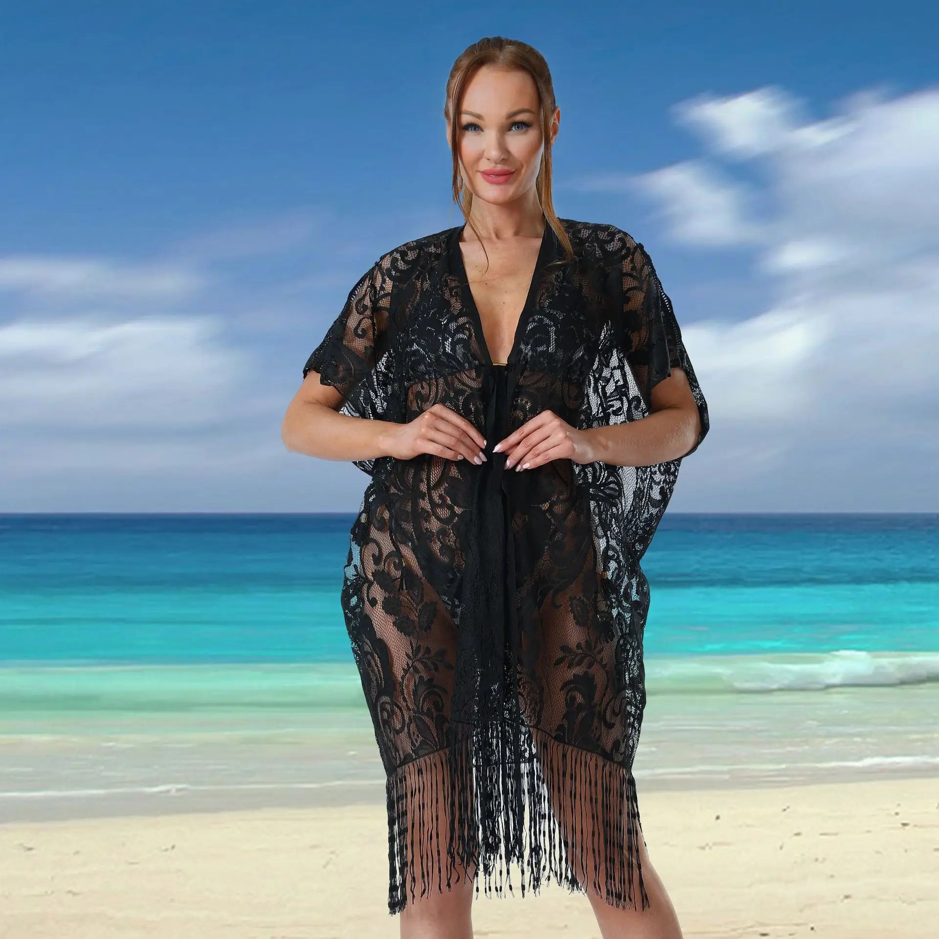 Seaside Resort Style Bikini V-neck Cardigan Beachwear A-line Breathable Sheer Dress Tassel Seaside Women's Lace Cover up Dresses