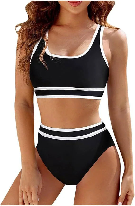 Women's Sporty High Waisted Bikini Sets Color Block Cheeky High Cut Bathing Suits S-XL Halter Striped Two Piece Swimsuits