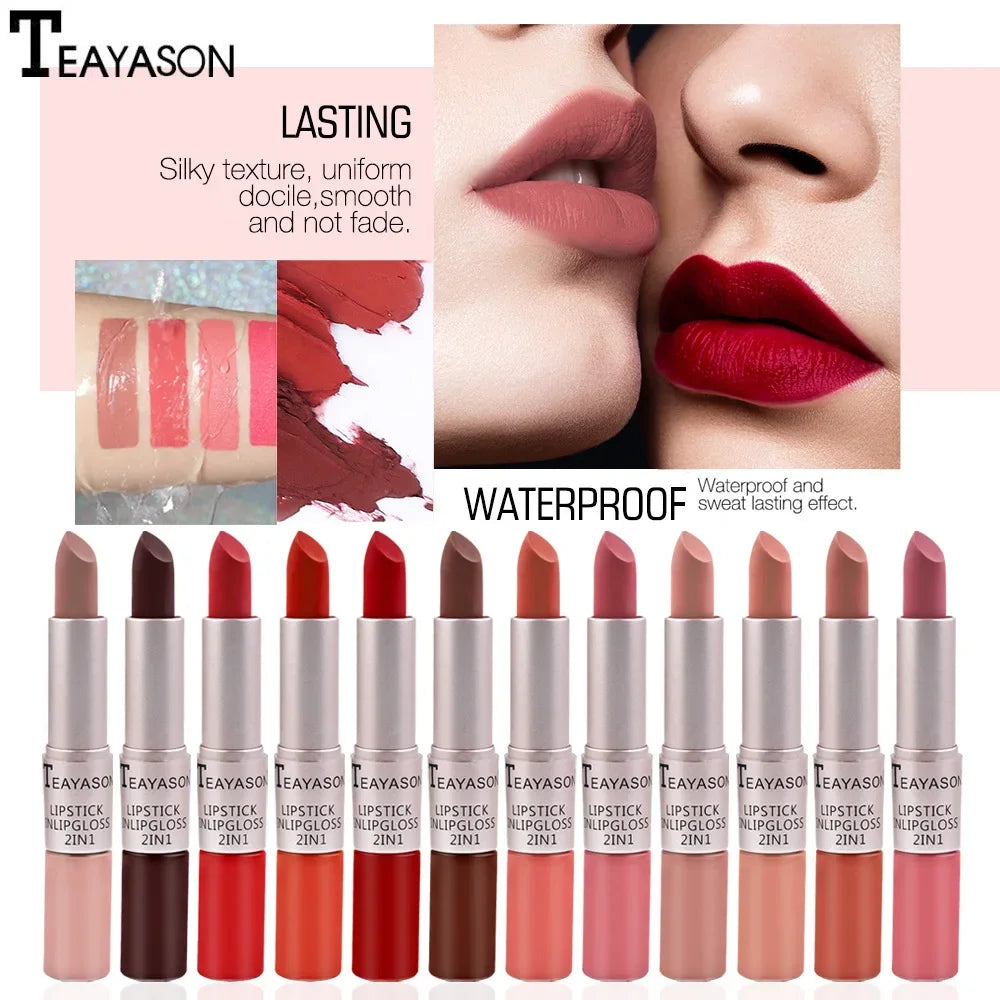 2 In 1 Double Head Lip Gloss Matte Velvet Sexy Red Tint Liquid Lipstick Waterproof Lasting Cosmetic Lip Gloss Makeup Cosmetics