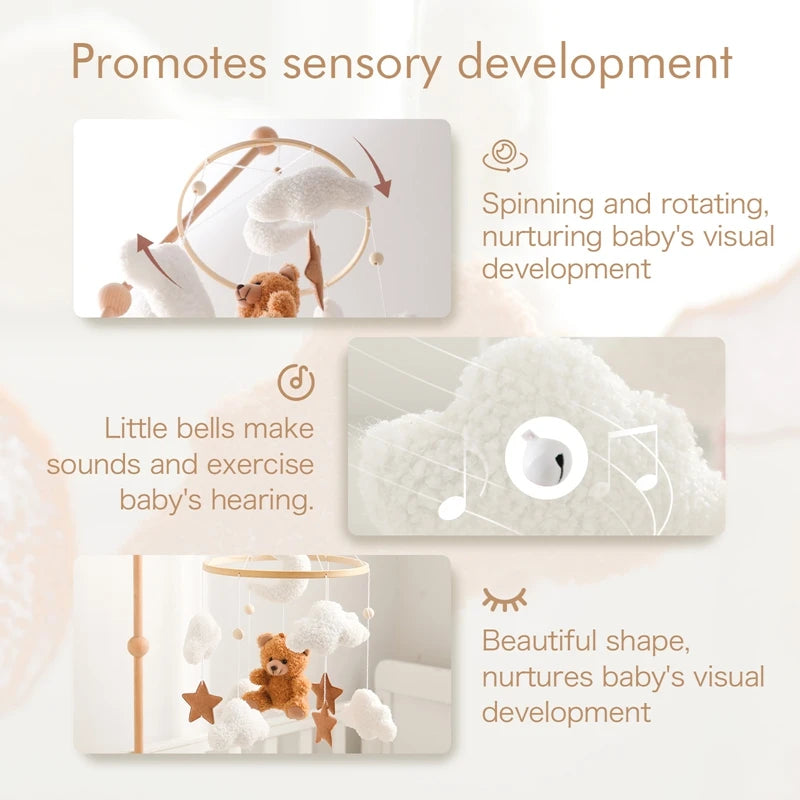 Baby Bed Bell Rattle Toy Soft Cartoon Bear Bed Bell 0-12 Months Bed Bell Wooden Newborn Music Box Bed Bell Hanging Toy Baby Gift