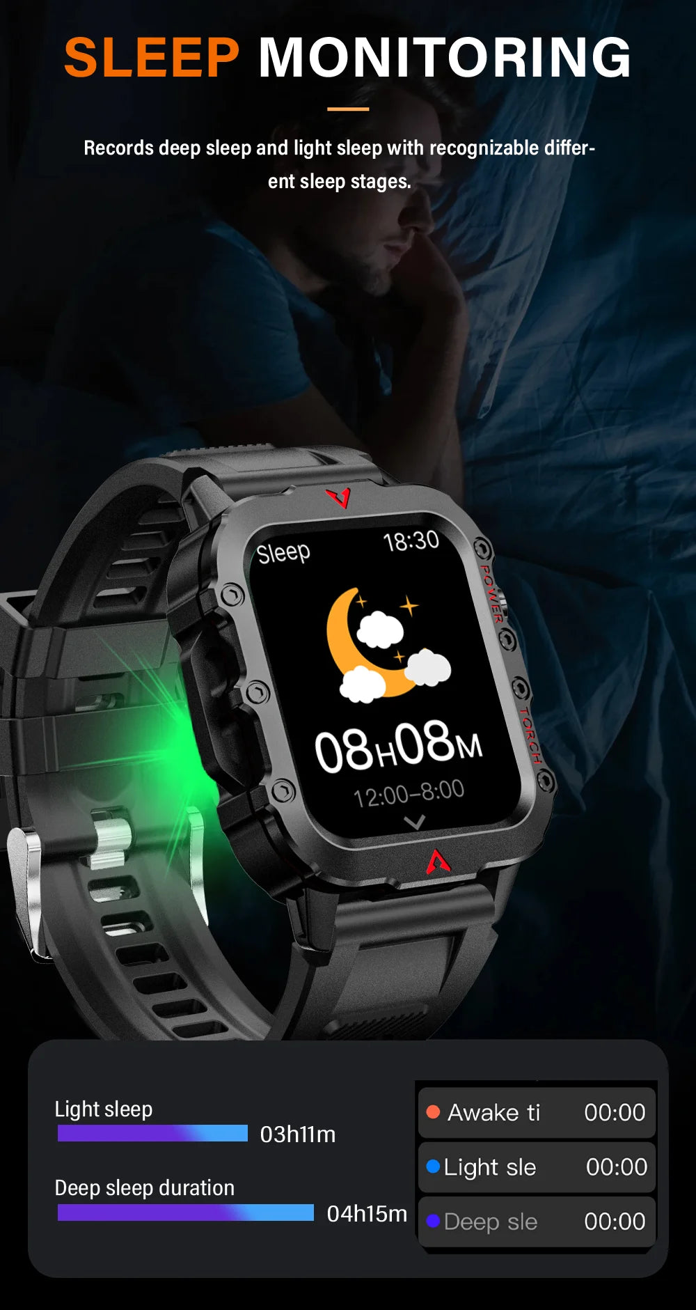 LAXASFIT New Men's Smart Watch LED Flashlight Outdoor Sports Smart Watch Wristwatch Health Monitoring Smart Watch