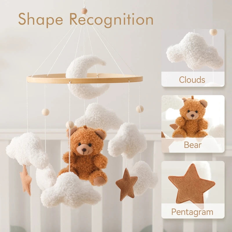 Baby Bed Bell Rattle Toy Soft Cartoon Bear Bed Bell 0-12 Months Bed Bell Wooden Newborn Music Box Bed Bell Hanging Toy Baby Gift