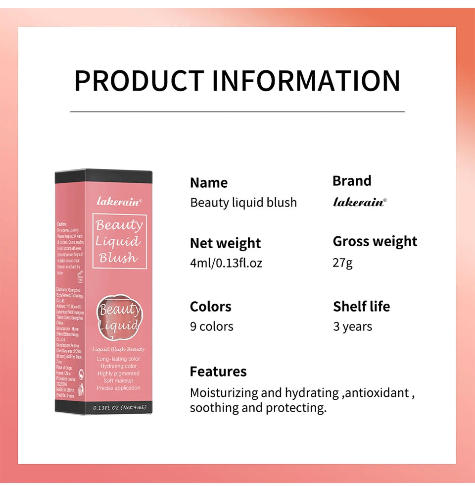 Beauty Liquid Blush Velvet Matte Blusher Face Pigment Lasting Waterproof Natural Cream Cheek Tint Orange Peach Maquiagem 4ml
