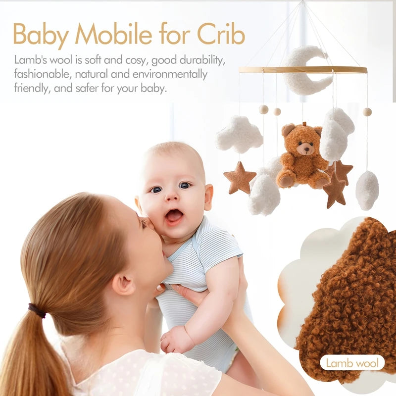 Baby Bed Bell Rattle Toy Soft Cartoon Bear Bed Bell 0-12 Months Bed Bell Wooden Newborn Music Box Bed Bell Hanging Toy Baby Gift