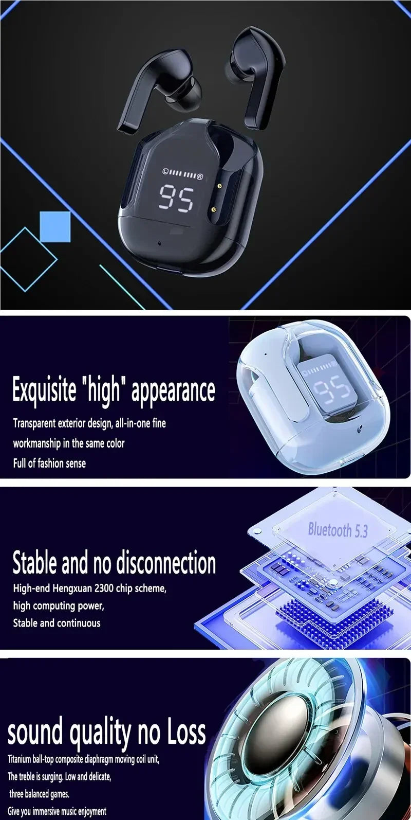 سماعات أذن لاسلكية T2 شفافة – شاشة LED وصوت ستريو HiFi. تصميم مستقبلي يلتقي بصوت قوي.