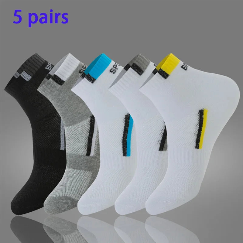 5 Pairs of Autumn and Winter MEN'S Sports Socks for Summer Leisure, Sweat Wicking, Lightweight and Breathable Basketball Socks