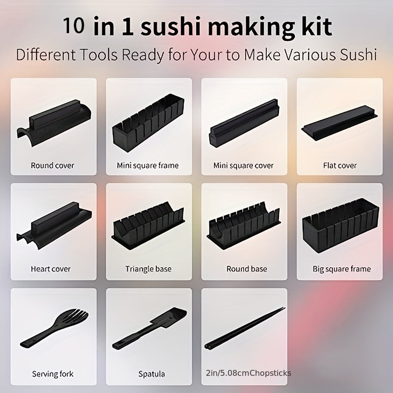 10pcs/set, DIY Sushi Maker Set - Includes Plastic Sushi Roller, Rice Mold, Spreader, and Kitchen Tools - Perfect for Back to School and Home Cooking