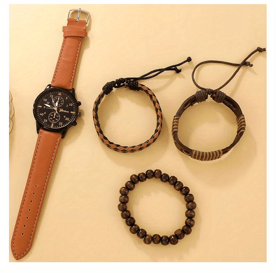 4pcs/set, Fashion Men's Casual Brown Quartz Watch & 3pcs Bracelets, Ideal choice for Gifts