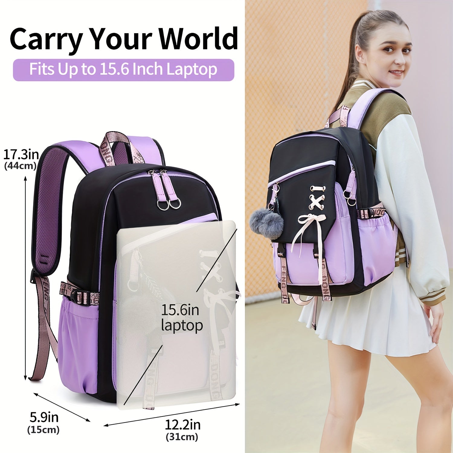 1pc Girl School Backpack With Two Small Plush Ball, Fashionable Contrast Color Bag With Letter Pattern Strap, Casual Backpack, Laptop Notebook Bag, With Breathable Shoulder Strap