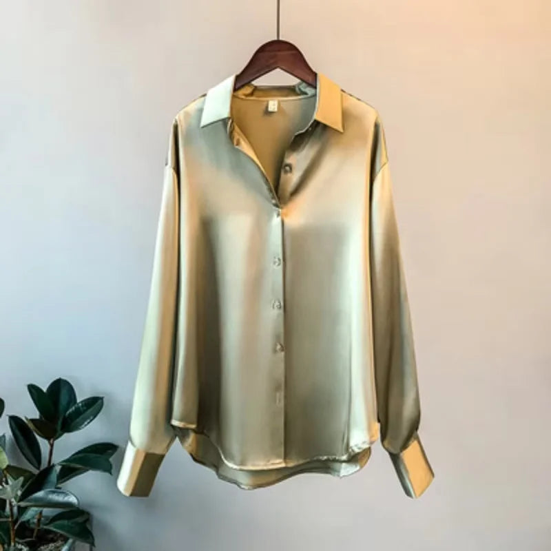 SilkMuse Shirt – Satin Button-Up Vintage Blouse  Smooth texture. Timeless style. Effortless elegance.