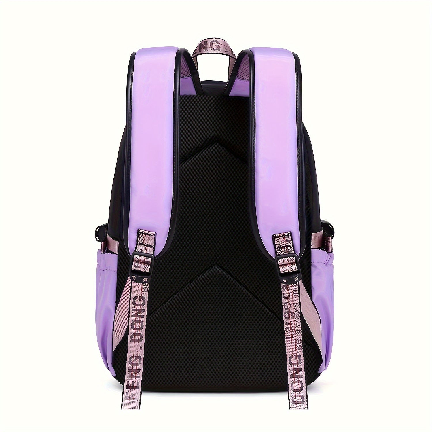 1pc Girl School Backpack With Two Small Plush Ball, Fashionable Contrast Color Bag With Letter Pattern Strap, Casual Backpack, Laptop Notebook Bag, With Breathable Shoulder Strap