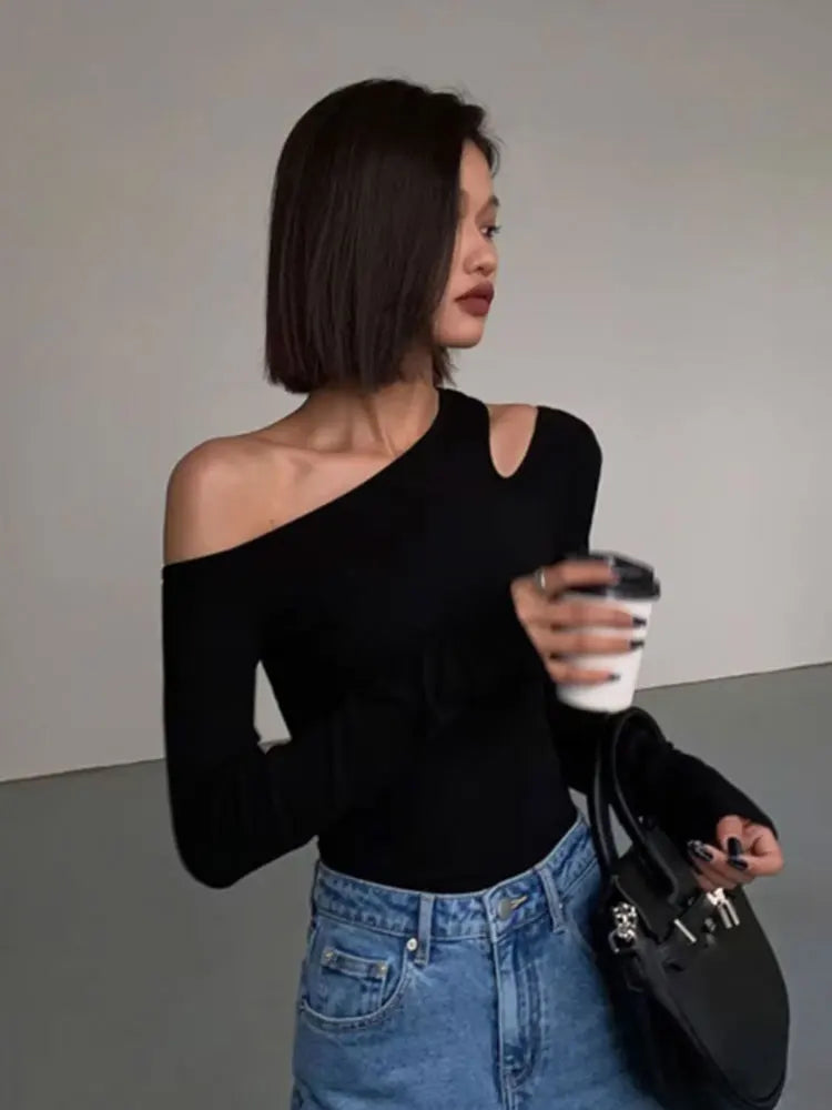 EdgeMuse Skew Collar Top – Off-Shoulder Hollow Crop Tee  Asymmetrical style. Sleek fit. Effortless allure.