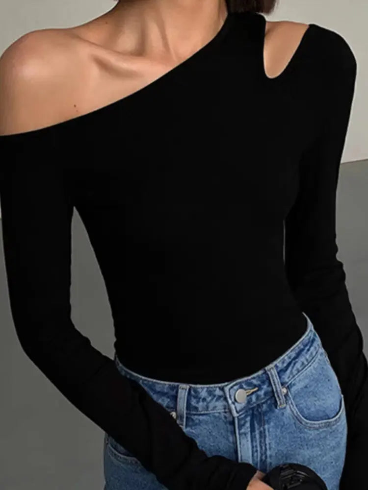EdgeMuse Skew Collar Top – Off-Shoulder Hollow Crop Tee  Asymmetrical style. Sleek fit. Effortless allure.