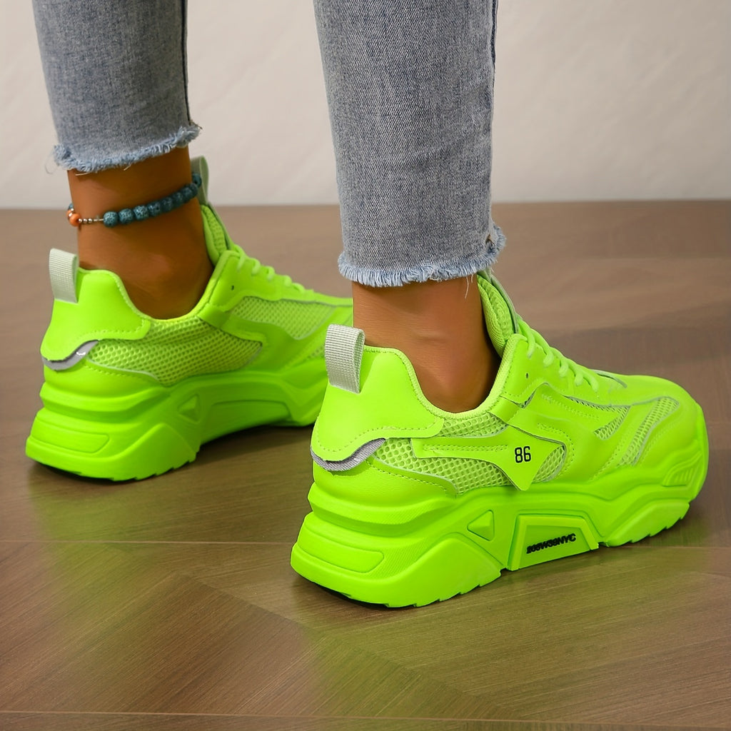 Women's Solid Color Mesh Sneakers, Lace Up Breathable Platform Sporty Trainers, Versatile Low-top Casual Shoes in holiday