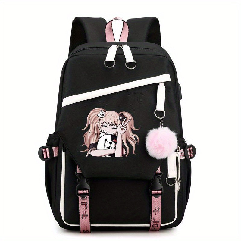1pc Cute Cartoon Girl Backpack, Large-capacity Travel Bag, Simple Balck Backpack Fashion Contrast Color Rucksack, College School Bag For Teens Girl Women