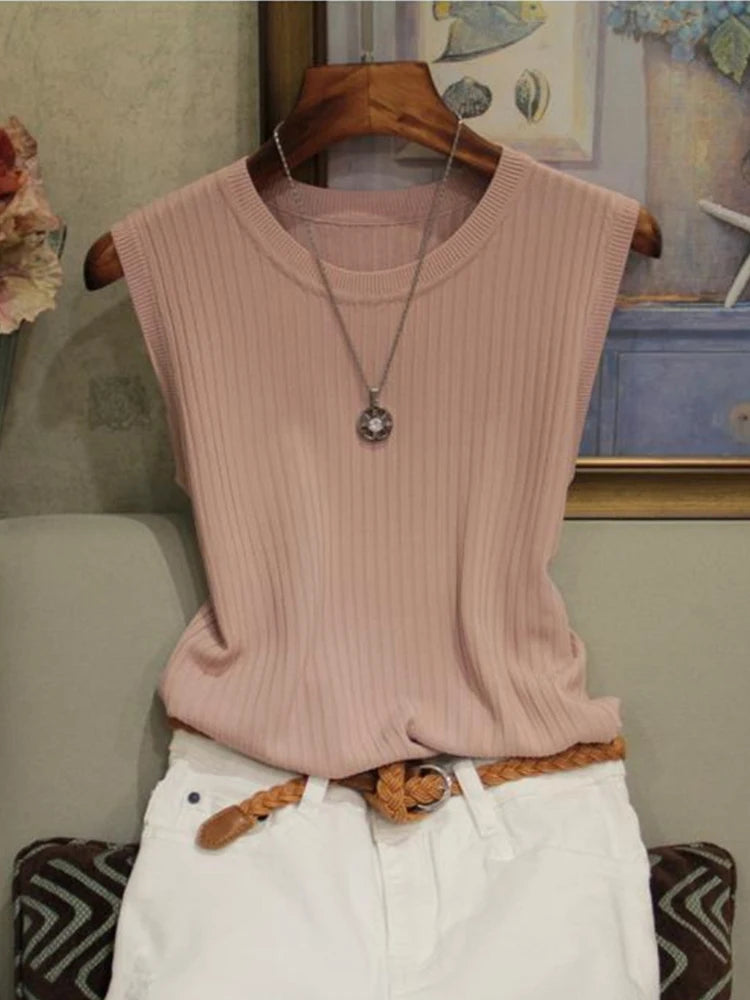 AOSSVIAO Korea Knitted Vests Women Top Summer Sleeveless Blouse Women O-neck Knitted Blouse Shirt Women Clothes Women Tops
