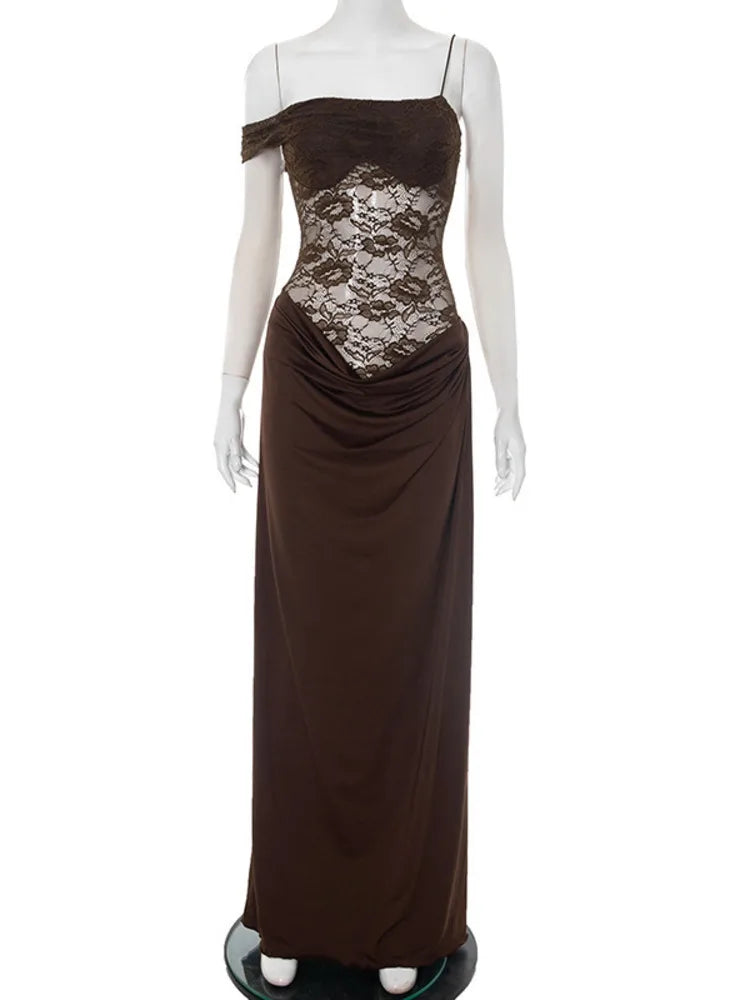 LaceÉtoile One-Shoulder Maxi Dress – Sheer Elegance  Bold sophistication with a touch of allure.