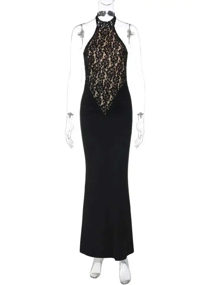 NoirLace Halter Maxi Dress – Backless Bodycon Elegance  Bold allure. Timeless elegance. Pure confidence.