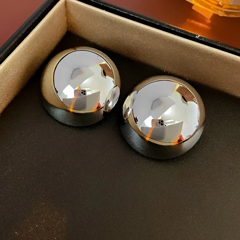 Smooth Round Earrings For Women Big Ball Metal Stud Earrings Classic Gold Color Geometric Earrings Vintage Jewelry  Accessories