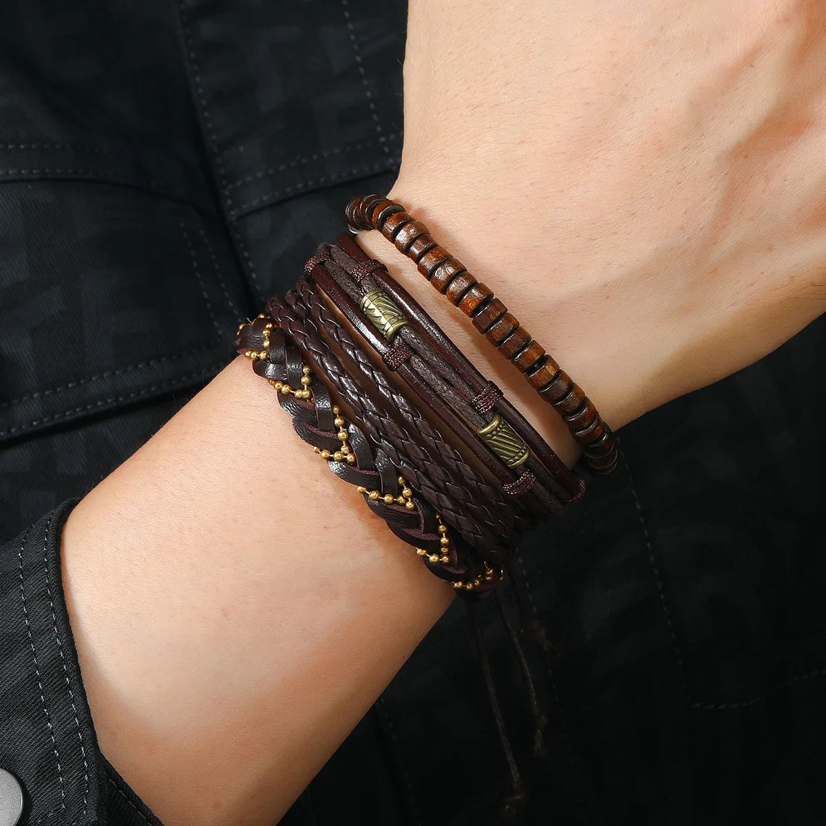 RuggedWrap Bracelet Set – PU Leather & Wood Beads  Natural vibe. Strong style. Built for everyday wear.