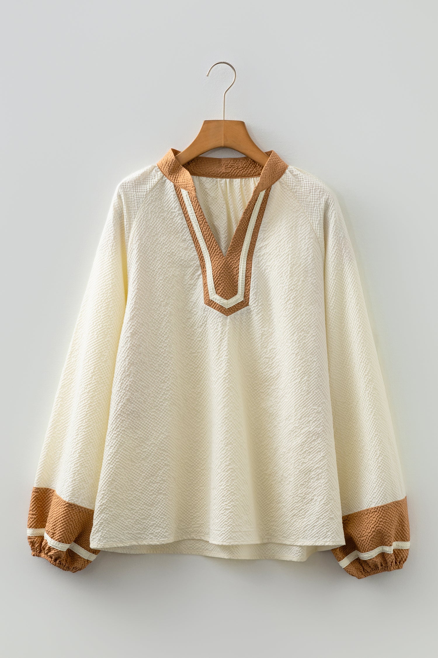 Colorblock Patchwork V-Neck Textured Blouse