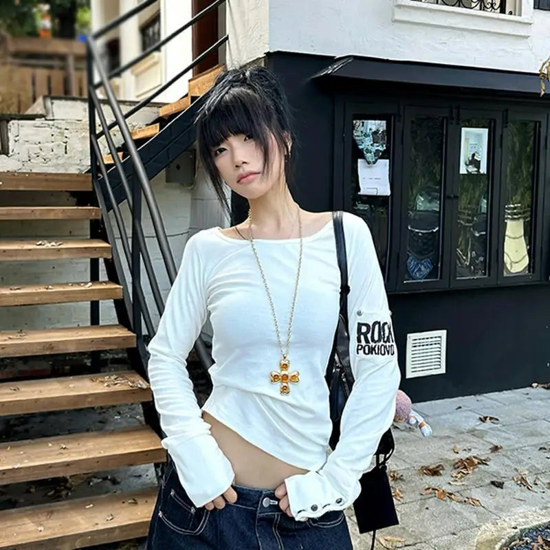RetroGrunge Button Tee – Y2K Graphic Long Sleeve Top  Vintage attitude. Bold expression. Street-ready style.