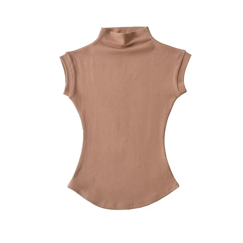 SleekMuse Sleeveless Tee – High Neck Slim Fit Top  Minimal design. Sculpted fit. Effortless style.