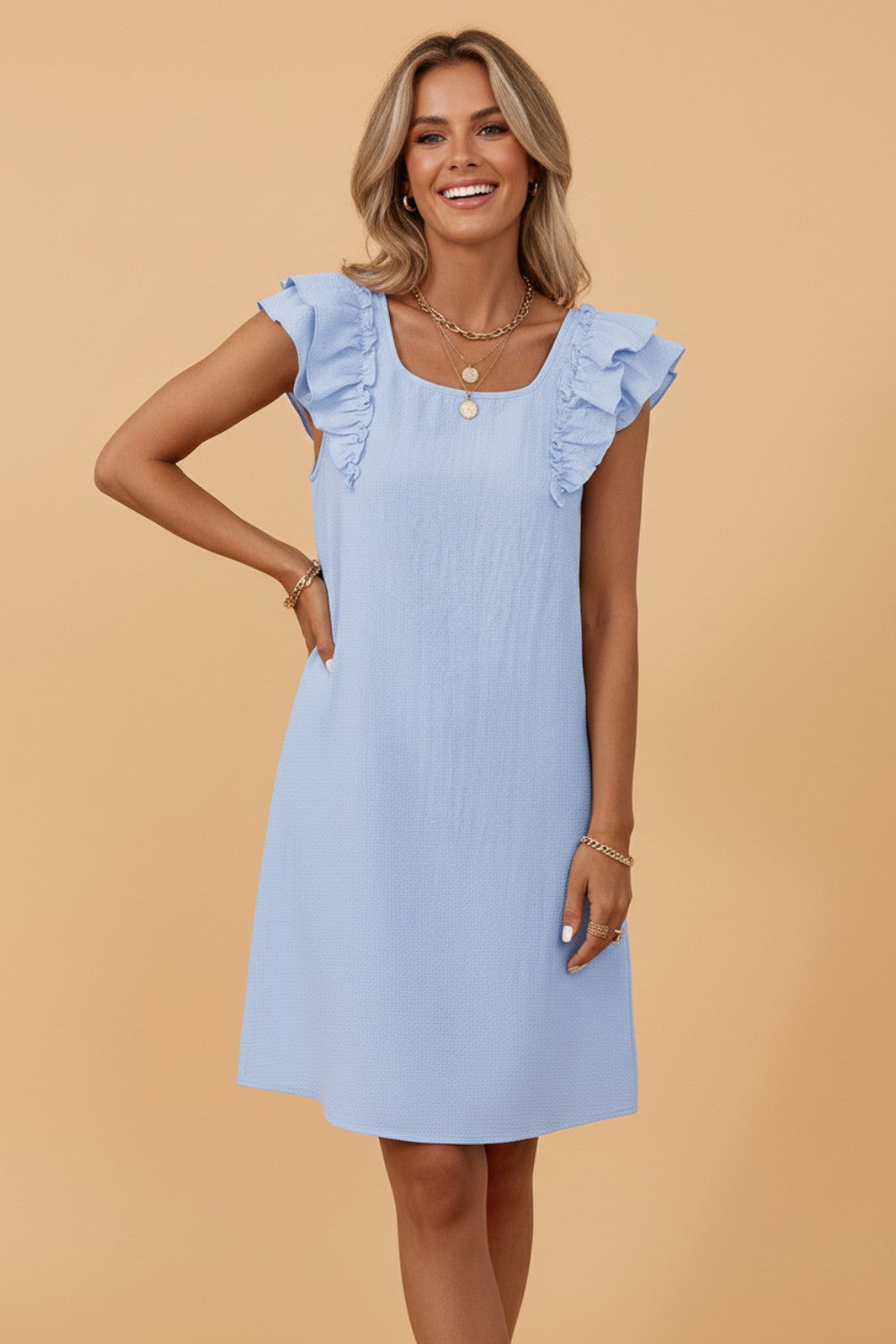 Textured Flutter Sleeve Square Neck Bow Back Dress