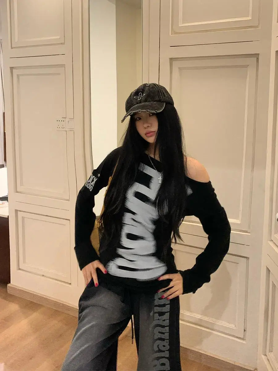 RetroGrunge Button Tee – Y2K Graphic Long Sleeve Top  Vintage attitude. Bold expression. Street-ready style.