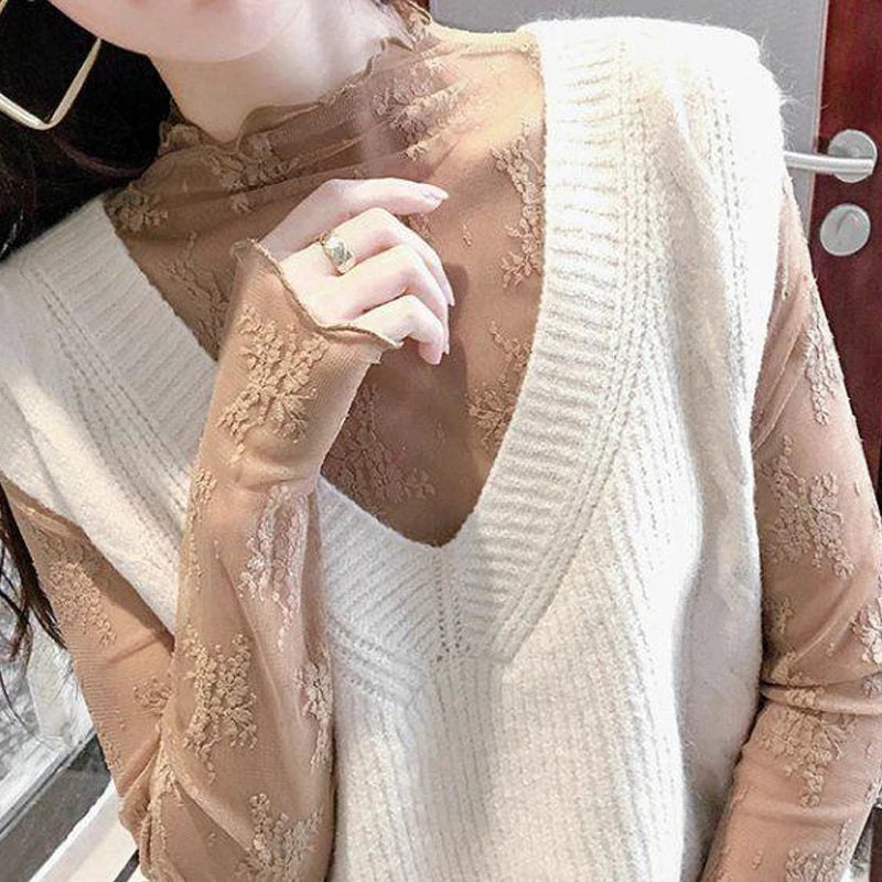 LaceMesh Crop Top – Sheer Long Sleeve Elegance  Delicate lace. Bold layers. Effortless style.