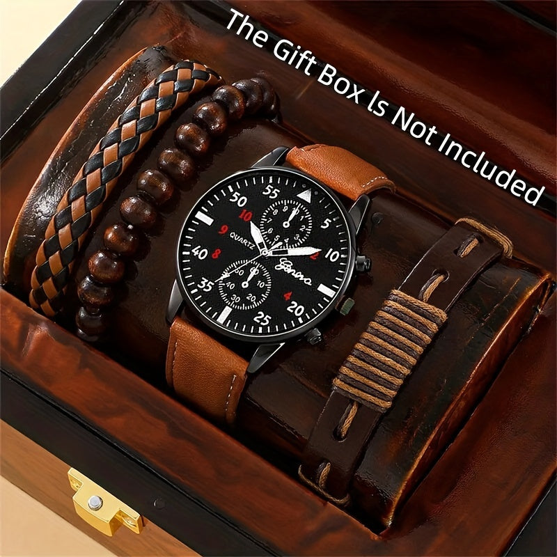 4pcs/set, Fashion Men's Casual Brown Quartz Watch & 3pcs Bracelets, Ideal choice for Gifts