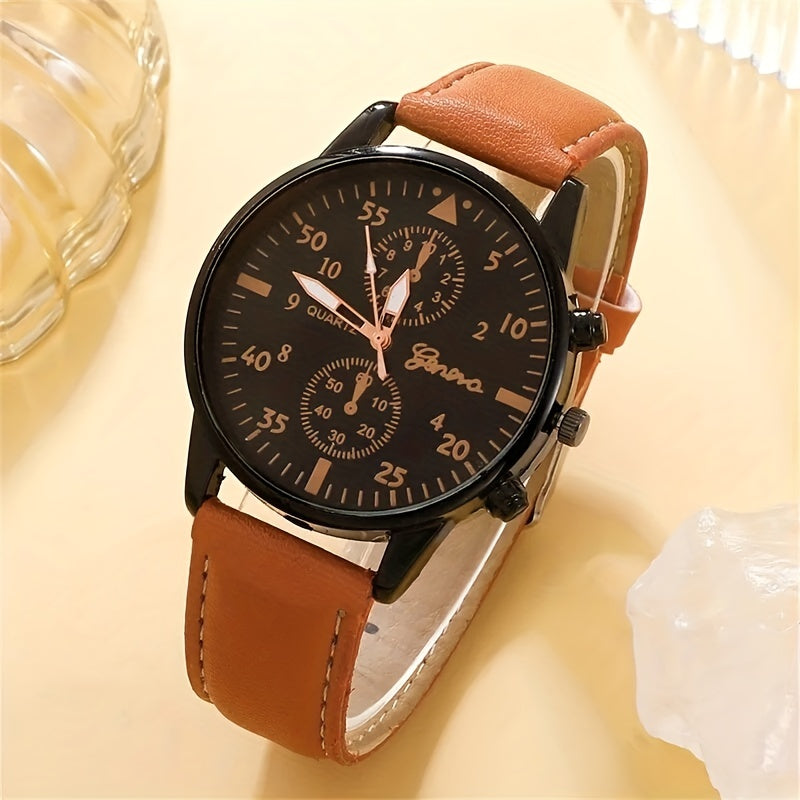 4pcs/set, Fashion Men's Casual Brown Quartz Watch & 3pcs Bracelets, Ideal choice for Gifts