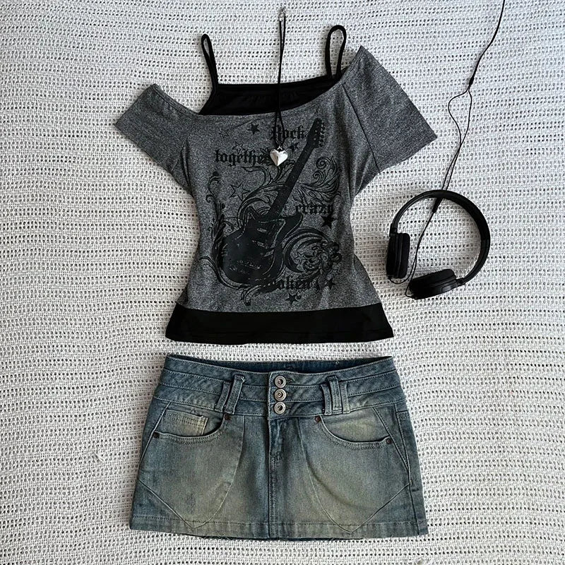 RetroMuse Off-Shoulder Top – Y2K Vintage Lace-Up Tee  Edgy layers. Vintage vibes. Effortless style.
