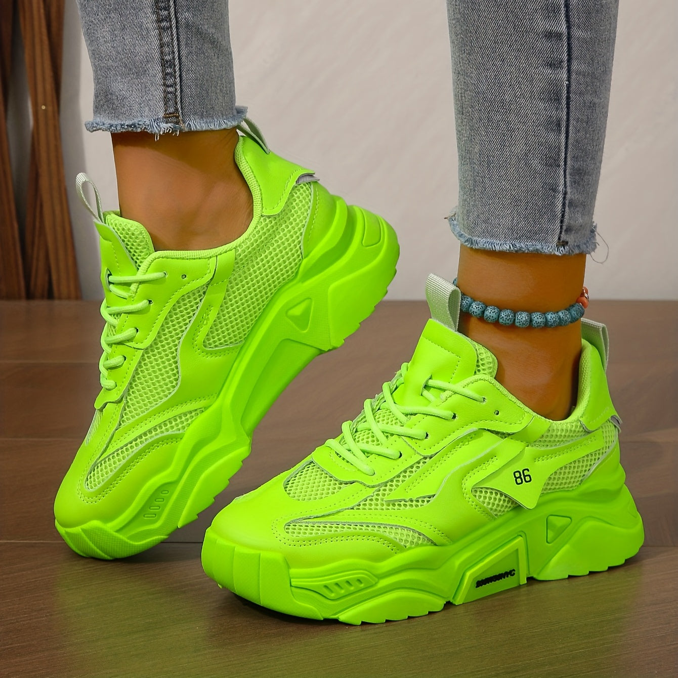 Women's Solid Color Mesh Sneakers, Lace Up Breathable Platform Sporty Trainers, Versatile Low-top Casual Shoes in holiday